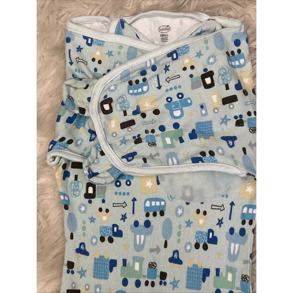 Swaddle Me Summer Blue Boys Trucks Cars Train Baby Snuggle Sleep Sack Size Small